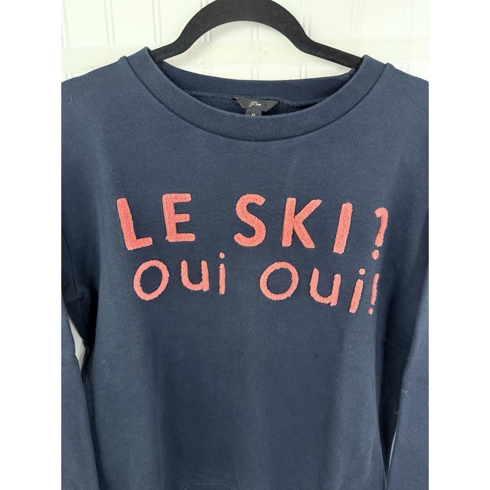 J Crew Apres Sweater Medium Navy Le Ski Oui Oui Graphic Ski Chalet Cottagecore - Picture 5 of 12